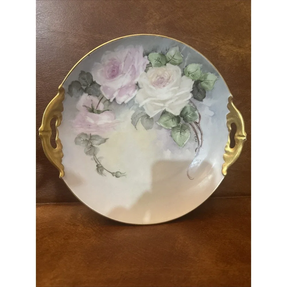 Antique Pink Roses Hand Painted 9-1/2 Plate with Gold Handles